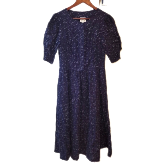 Laura Ashley vintage 3/4 sleeve polka dot midi dress blue yellow size 10 - Picture 1 of 12